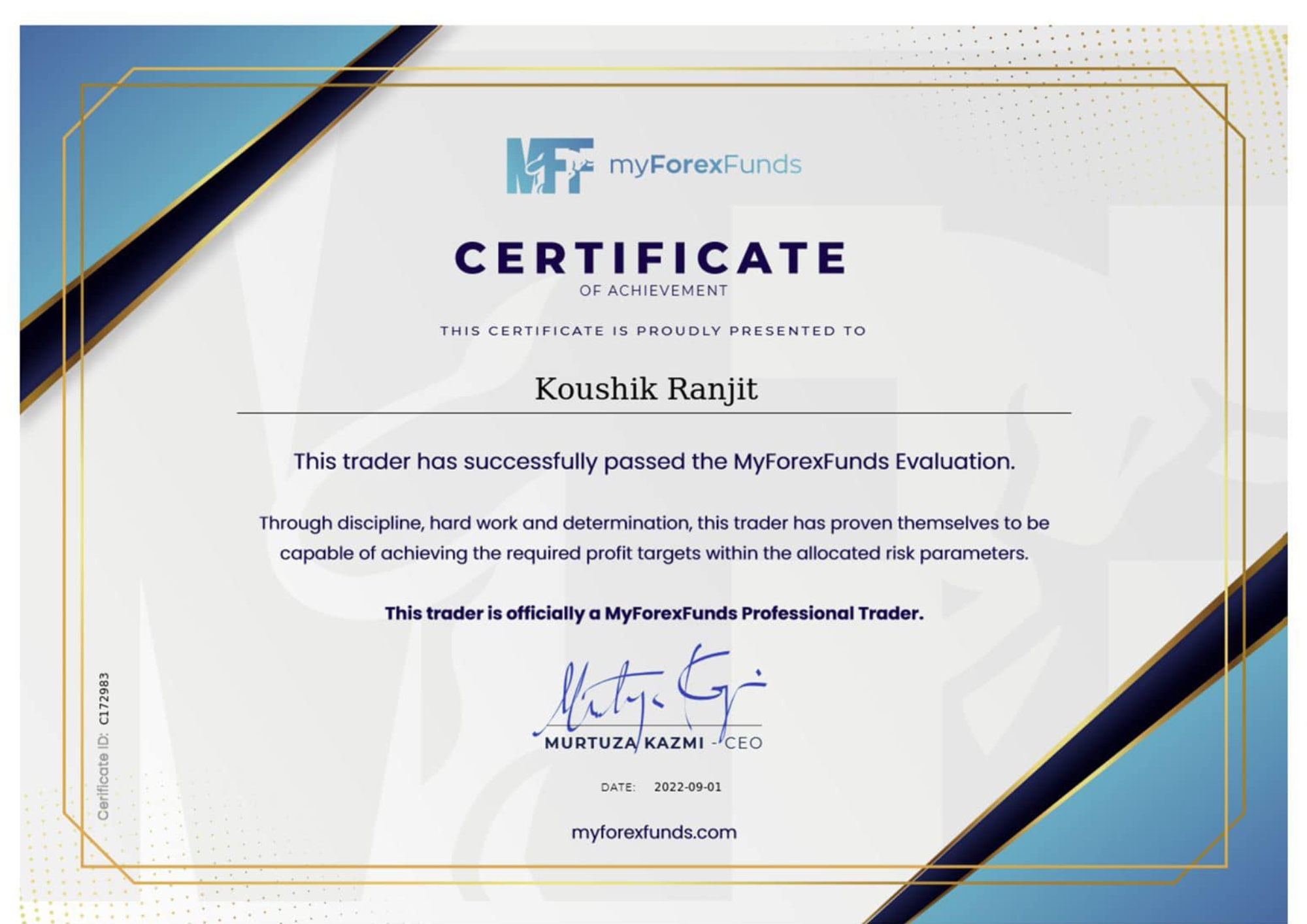 Koushik Ranjit - Proprietary Trading Certificate