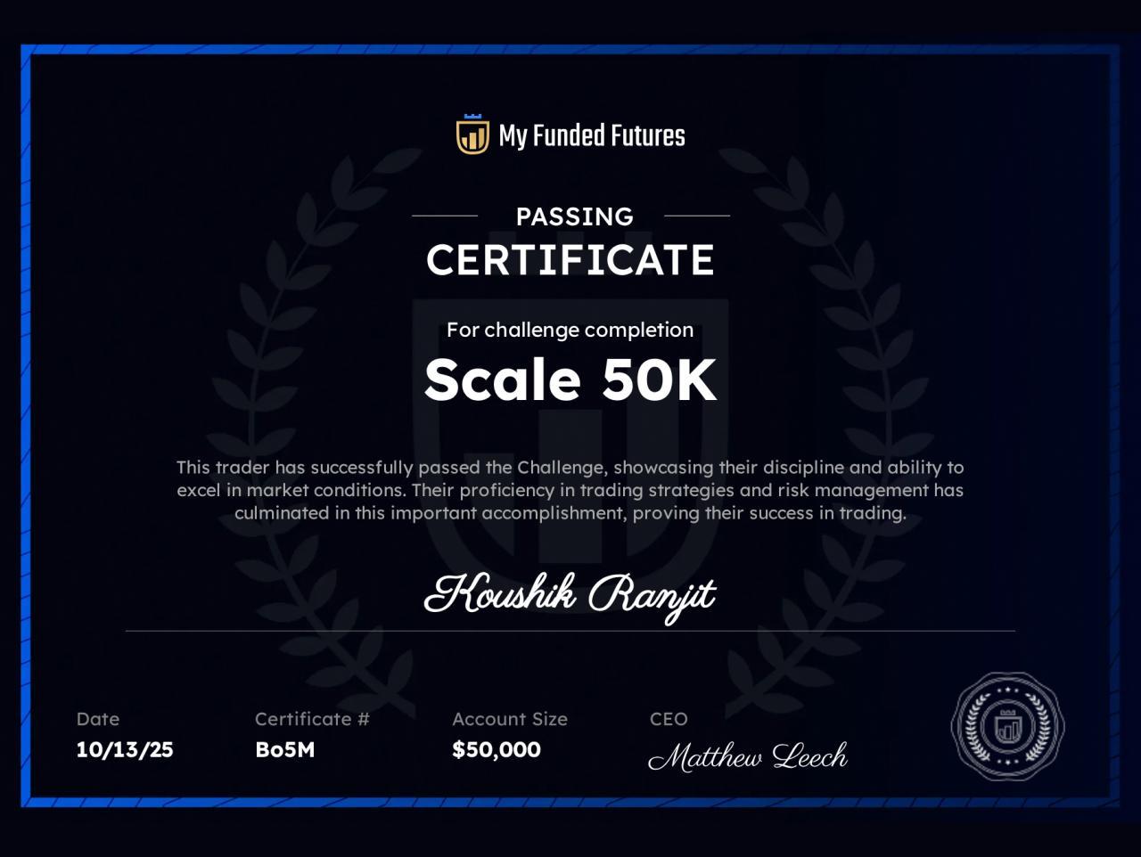 Scale $50,000 Account Certificate