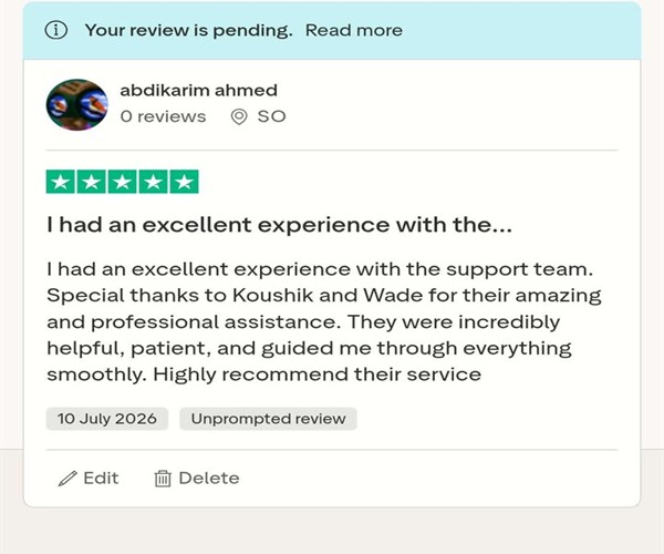 Trustpilot review screenshot from Abdikarim Ahmed